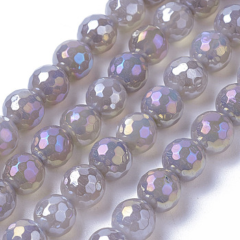 Electroplate Natural Grey Agate Beads Strands, Faceted, Round, 8mm, Hole: 1.2mm, about 47~49pcs/strand, 14.9~15.1 inch(38~38.5cm)