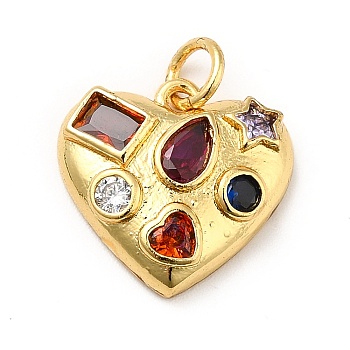 Brass Micro Pave Cubic Zirconia Pendants, with Jump Ring, Long-Lasting Plated, Real 18K Gold Plated, Heart, Colorful, 14.5x15x4mm