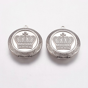 304 Stainless Steel Locket Pendants, Flat Round with Crown, Stainless Steel Color, 31x36x9mm, Hole: 2mm, 23mm inner diameter