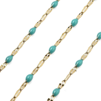 Ion Plating(IP) 304 Stainless Steel Dapped Chains, with Enamel, Soldered, with Spool, Turquoise, 11x2x2mm, about 32.81 Feet(10m)/Roll