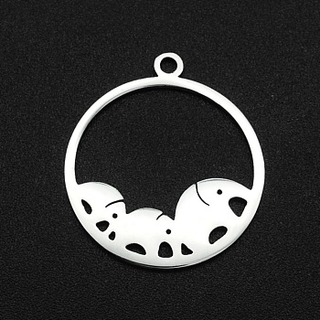 201 Stainless Steel Pendants, Laser Cut, Ring with Elephant, Stainless Steel Color, 22x20x1mm, Hole: 1.6mm