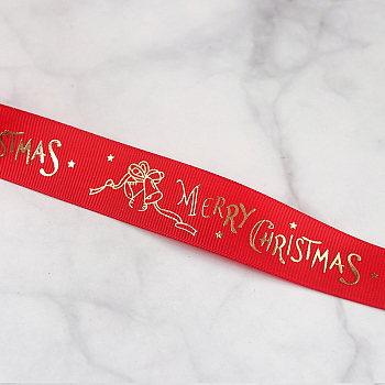 25 Yards Flat Christmas Bell Printed Polyester Grosgrain Ribbons, Hot Stamping Ribbons, Red, 1 inch(25mm), about 25.00 Yards(22.86m)/Roll