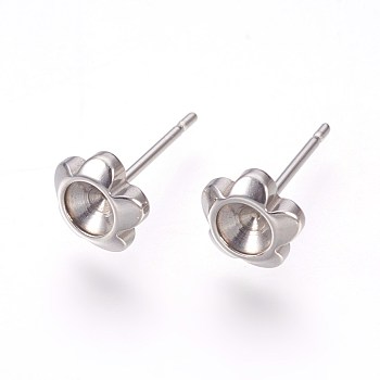 201 Stainless Steel Post Stud Earring Settings, with 304 Stainless Steel Pin, for Pointed Back Xilion Rivoli Rhinestone, Flower, Stainless Steel Color, Fit For: 4mm Rhinestone, 13x7mm, Pin: 0.7mm