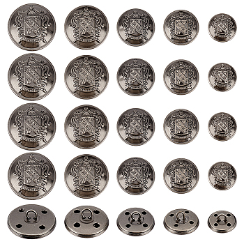 50Pcs 5 Styles 4-Hole Brass Buttons, for Sewing Crafting, Half Round with Badge, Gunmetal, 14.5~24.5x9~14mm, Hole: 1.8~2x2~3mm, 10pcs/style