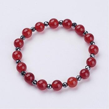 Natural Carnelian(Dyed & Heated) Stretch Bracelets, with Faceted Non-Magnetic Synthetic Hematite Beads, 2-1/4 inch(57mm)