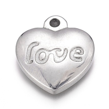 Valentine's Day 304 Stainless Steel Pendants, Heart with Word Love, Stainless Steel Color, 17x15x3mm, Hole: 1.8mm