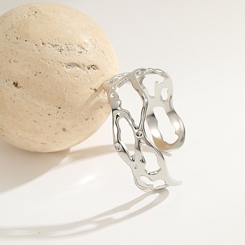 Hammered 304 Stainless Steel Cuff Bangles for Women, Geometry, Hollow, Stainless Steel Color, Inner Diameter: 2.52 inch(6.4cm)x2.24 inch(5.7cm), Wide: 26mm
