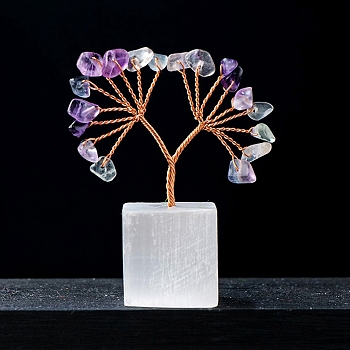 Natural Fluorite Chips Tree of Life Decorations, Natural Selenite Cube Base Copper Wire Feng Shui Energy Stone Gift for Women Men Meditation, 60mm