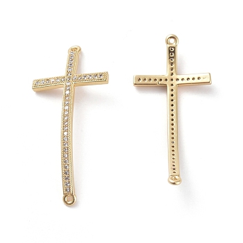 Brass Micro Pave Cubic Zirconia Links connectors, Cross, Clear, Golden, 35.1x16x2mm, Hole: 0.8mm