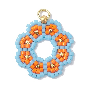 Handmade Seed Beads Pendants, with Elastic Thread, Loom Pattern, Flower, Light Blue, 23x22x3mm, Hole: 3.4mm