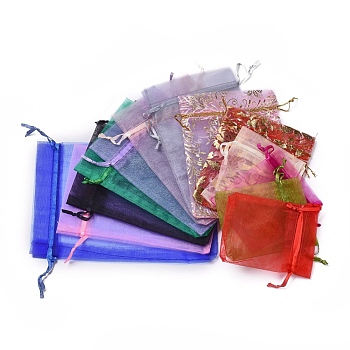 Organza Bags, with Ribbons, Mixed Color, 9~18x7~12.5mm