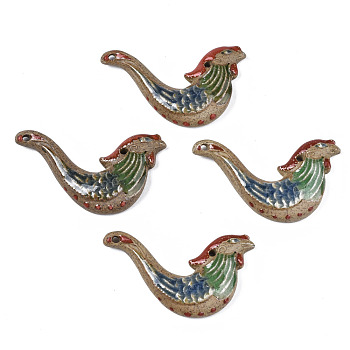 Handmade Porcelain Big Pendants, Famille Rose Style, Bird, Camel, 49~61x77~79x11~12mm, Hole: 3.5mm