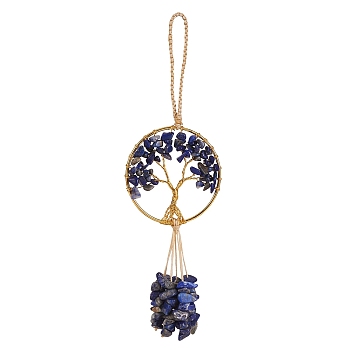 Wire Wrapped Chips Natural Lapis Lazuli Big Pendant Decorations, with Brass Wires and Nylon Cord, Flat Round with Tree of Life, 170mm