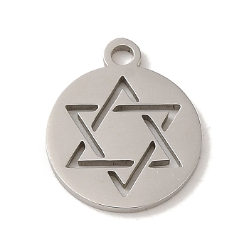 Non-Tarnish 201 Stainless Steel Charms, Laser Cut, Flat Round with Star of David, Stainless Steel Color, 14x12x1mm, Hole: 1.6mm