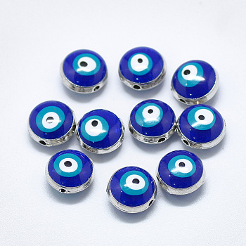 Alloy Beads, with Enamel, Flat Round with Evil Eye, Platinum, Blue, 10x6mm, Hole: 1.2mm