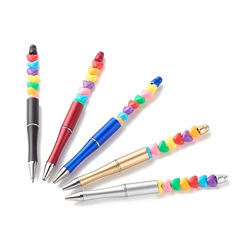 Plastic Beadable Pens, with Heart Shape Opaque Acrylic European Beads, Mixed Color, 145x11.5mm