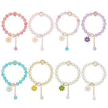 8Pcs 8 Colors Glass Round Beaded Stretch Bracelets Set, Alloy Flower Tassel Charms Adjustable Bracelets, Mixed Color, Inner Diameter: 2 inch(5cm), 1Pc/color