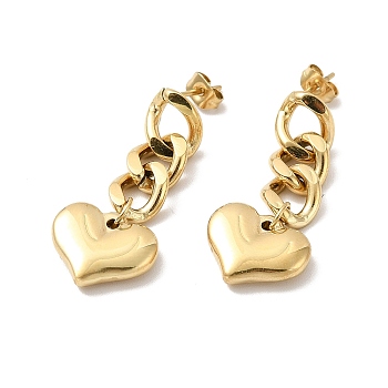 Ion Plating(IP) 304 Stainless Steel Curb Chains with Heart Dangle Stud Earrings, Long Drop Earrings for Women, Golden, 34x14mm, Pin: 0.8mm