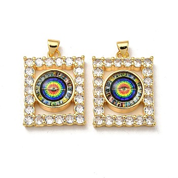 Real 18K Gold Plated Brass Pendants, with Glass and Acrylic, Rectangle with Evil Eye Charms, Colorful, 27x20x7mm, Hole: 4.5x4mm