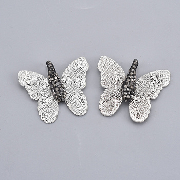 Iron Pendants, Electroplate Natural Leaf, with Polymer Clay Rhinestone, Butterfly, Jet Hematite, Silver Color Plated, PP11(1.7~1.8mm), 27.5x30.5~31.5x5.5mm, Hole: 2x5mm