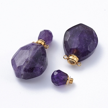 Faceted Natural Amethyst Openable Perfume Bottle Pendants, with Golden Tone 304 Stainless Steel Findings, 38~39.5x22.5~23x11~13.5mm, Hole: 1.8mm, Bottle Capacity: 1ml(0.034 fl. oz)