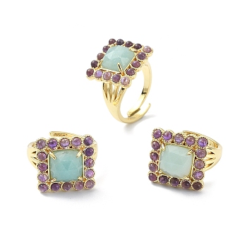 Natural Amazonite & Amethyst Rectangle Adjustable Ring, Real 18K Gold Plated Brass Wide Ring for Women, US Size 7 1/4(17.5mm)