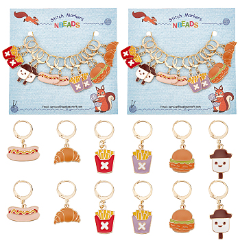 Food Theme Alloy Enamel Bread/Chips/Ice Cream Locking Stitch Markers, Golden Tone 304 Stainless Steel Clasp Stitch Marker, Mixed Color, 2.7~3.7cm, 12pcs/set