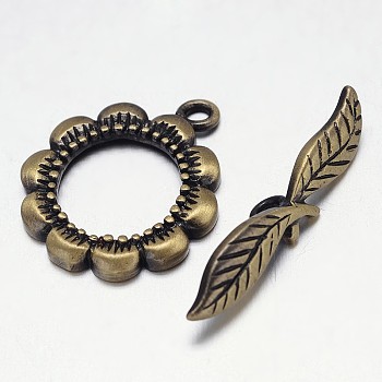 Brushed Brass Toggle Clasps, Flower & Leaf, Nickel Free, Antique Bronze, 21x18x2mm, , Bar: 5x27x6mm, Hole: 1mm