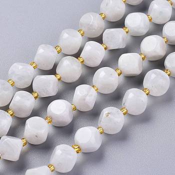 Natural Rainbow Moonstone Beads Strands, with Seed Beads, Six Sided Celestial Dice, 10~10.5x10~10.5mm, Hole: 1mm, about 32~35pcs/strand, 15.55~15.74inch(39.5~40cm)