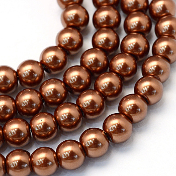 Baking Painted Pearlized Glass Pearl Round Bead Strands, Sienna, 8~9mm, Hole: 1mm, about 100~105pcs/strand, 31.4 inch