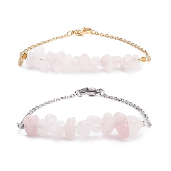 2Pcs 2 Color Natural Rose Quartz Chip Beaded Link Bracelets Set with 304 Stainless Steel Cable Chains, Gemstone Jewelry for Women, 7-1/2 inch(19cm)