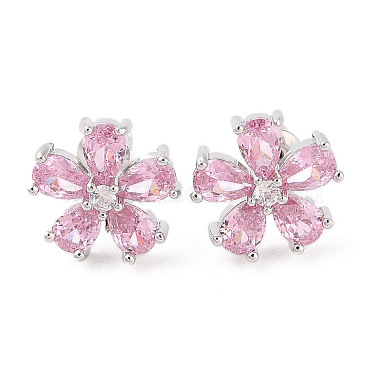 Pink Flower Cubic Zirconia Stud Earrings