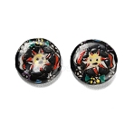 Handmade Porcelain Beads, Hand Painted, Flat Round with Sun Pattern, Black, 19~19.5x7~7.5mm, Hole: 2.5mm(PORC-L084-07B)