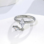 304 Stainless Steel & Cubic Zirconia Finger Rings, Horse Eye, Stainless Steel Color, US Size 7(17.3mm)(WG4CD34-02)