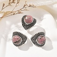 Natural Rhodonite Adjustable Rings, Lead Free & Cadmium Free, Antique Silver Plated Brass Finger Rings for Women, 22.5mm, Inner Diameter: 17mm(RJEW-I108-03AS-07)