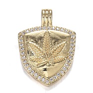 Brass Micro Clear Cubic Zirconia Pendants, Long-Lasting Plated, Shield with Hemp Leaf Shape, Real 18K Gold Plated, 20.5x15x3mm, Hole: 2x3mm(ZIRC-F120-020G)