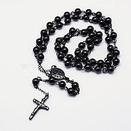 Men's Rosary Bead Necklace with Crucifix Cross, 304 Stainless Steel Necklace for Easter, Gunmetal, 21.7 inch(55cm)(NJEW-I011-8mm-04)