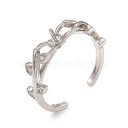 Rack Plating Brass with Clear Cubic Zirconia Open Cuff Ring Settings, for Half-drilled Beads, Long-Lasting Plated, Flower with Leaf, Platinum, Inner Diameter: 20mm(KK-G455-12P)