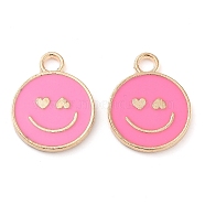 Alloy Enamel Pendants, Cadmium Free & Lead Free, Golden, Flat Round with Smiling Face Charm, Hot Pink, 19x15x1.7mm, Hole: 2.5mm(PALLOY-S192-04G-06)