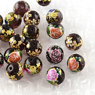 Rose Flower Pattern Printed Round Glass Beads, Mixed Color, 10x9mm, Hole: 1.5mm(GFB-R004-10mm-M14)