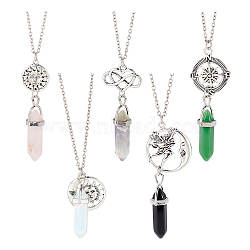 AHADERMAKER 5Pcs 5 Style Glass Imitation Gemstone Bullet Pendant Necklaces Set, Moon & Sun Zinc Alloy Jewelry for Women, Mixed Color, 18.39~20.87 inch(46.7~53cm), 1Pc/style(NJEW-GA0001-04)