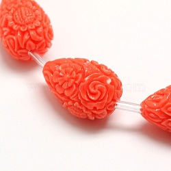Dyed Synthetical Coral Teardrop Shaped Carved Flower Bud Beads Strands, Orange Red, 21x14x14mm, Hole: 1mm, about 16pcs/strand, 17 inch(CORA-L009-03)