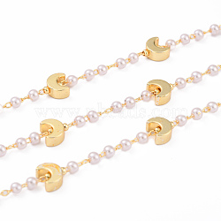 Handmade Plastic Imitation Pearl Beaded Chains, with Brass Moon Beads and Spool, Soldered, Long-Lasting Plated, Round, Golden, Round Beads: 3mm, Moon Beads: 7x7x3.5mm, 32.8 Feet(10m)/roll(CHC-I038-20G)