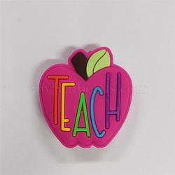 Apple with Word Teach Silicone Focal Beads, Deep Pink, 30x28x9mm, Hole: 3mm(SI-JX0089A-02)