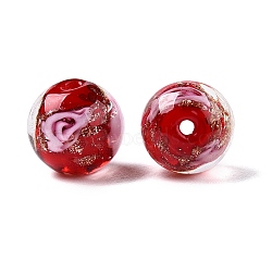 Luminous Handmade Gold Sand Lampwork Beads, Glow in the Dark, Round with Flower, Red, 12x11.5mm, Hole: 1.5mm(LAMP-T021-12mm-03V)