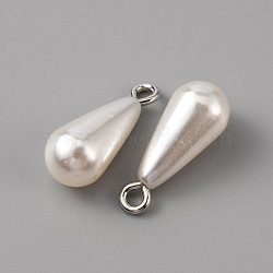 ABS Plastic Imitation Pearl Pendants, with Alloy Loops, Teardrop, Platinum, 19x7.5mm, Hole: 2mm(KY-WH0045-25B-P)