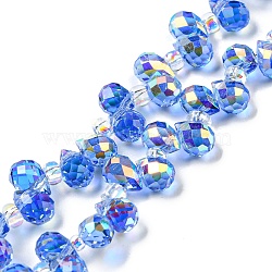 Electroplate Transparent Glass Beads Strands, AB Color Plated, Faceted Teardrop, Top Drilled, Royal Blue, 6x4mm, Hole: 0.8mm, about 97~102pcs/strand, 10.63''~14.80''(27~37.6cm)(EGLA-P052-01A-AB07)