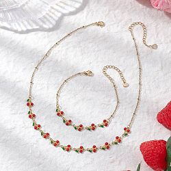 304 Stainless Steel Enamel Cherry Bracelets & Necklaces Sets, 304 Stainless Steel Jewelry Sets, Golden, Bracelet: 7.32 inch(18.6cm)(SJEW-JS01368)