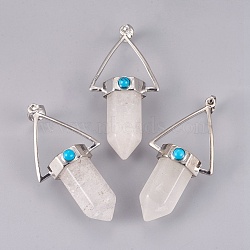 Natural Quartz Crystal Pointed Pendants, Rock Crystal Pendants, with Brass Findings, Bullet, Platinum, 53.5x27x17.5mm, Hole: 4.5x7.5mm(G-P373-F013)