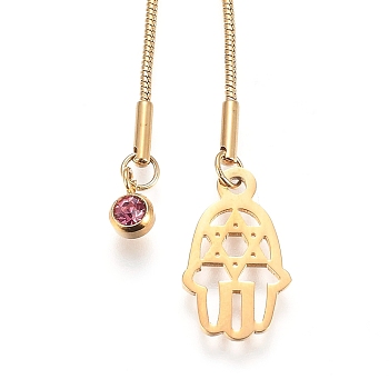 Adjustable 304 Stainless Steel Lariat Necklaces, Slider Necklaces, with Snake Chains and Birthstone Charms, Hamsa Hand with Star of David, Indian Pink, Golden, 26.77 inch(68cm)